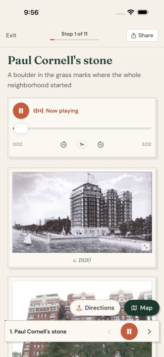 A tour stop with its audio player, photographs, and text
