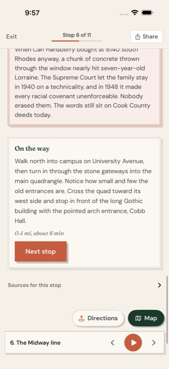 A red plate naming one instrument of housing segregation, above the walking directions to the next stop