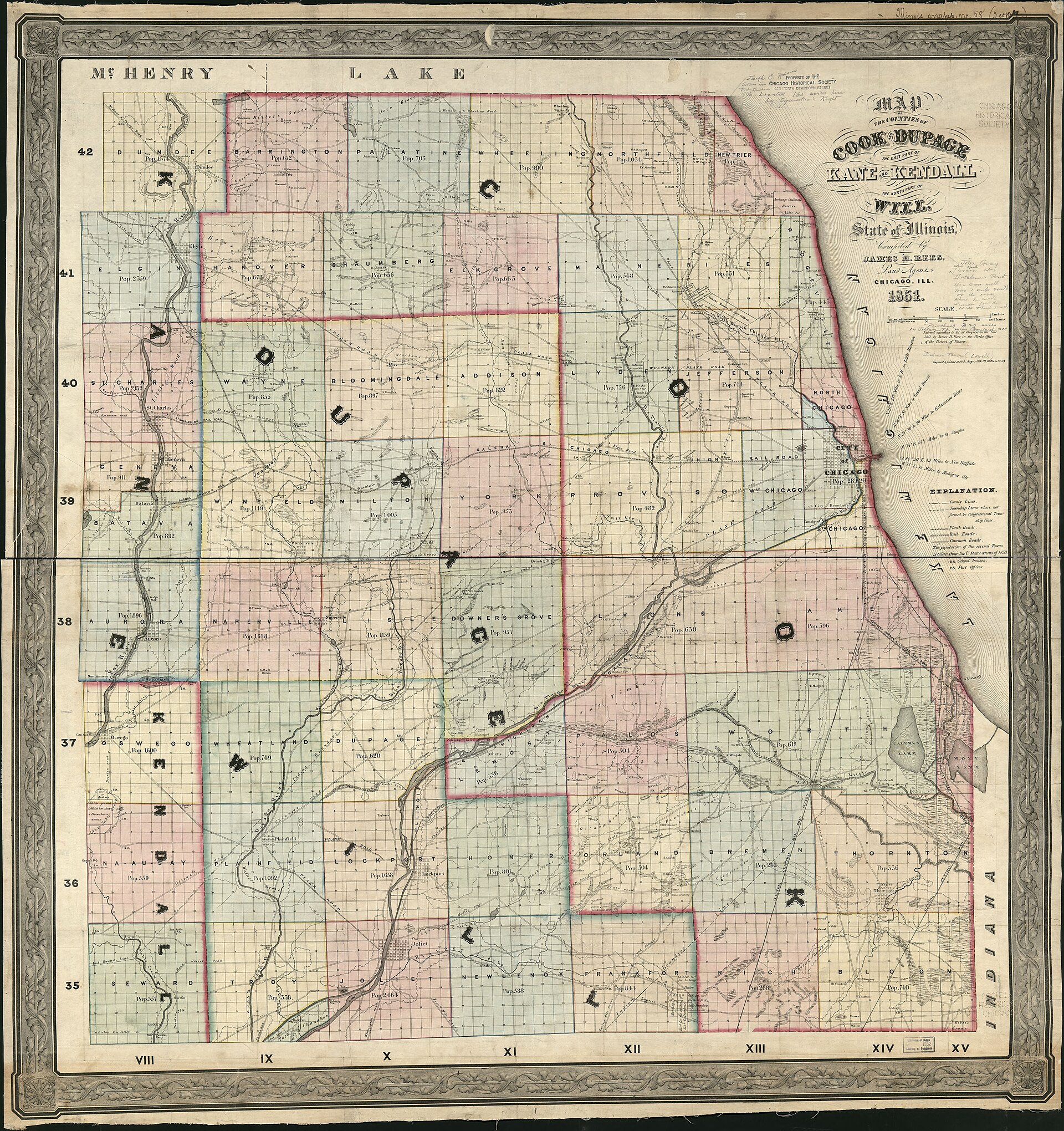 Hand-colored 1851 survey map of Cook and DuPage counties, gridded into townships, with the young city of Chicago on the lakeshore.