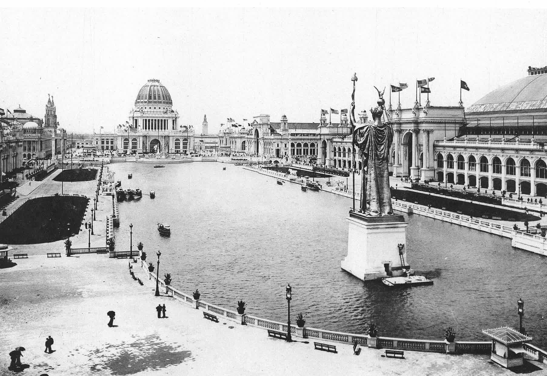 White plaster palaces of the Court of Honor around the Grand Basin at the World's Columbian Exposition.