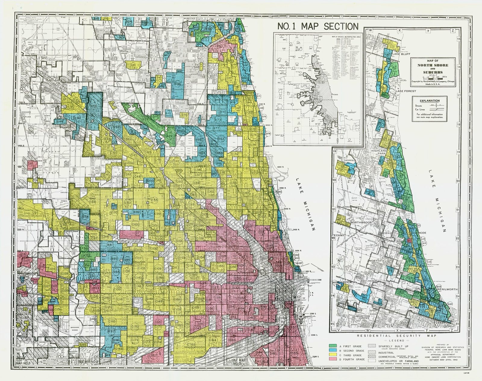 The 1940 Home Owners' Loan Corporation Residential Security Map of Chicago, with neighborhoods graded A through D in green, blue, yellow, and red